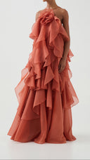 Isadora coral clay layered ruffle halter maxi dress with voluminous skirt