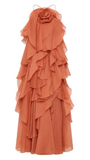 Isadora coral clay layered ruffle maxi dress, back view showing halter ties