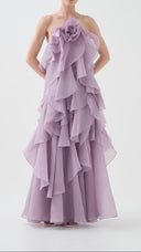 Isadora lilac layered ruffle maxi dress, close-up of halter neckline
