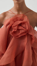 Isadora coral clay layered ruffle maxi dress, close-up of halter neckline