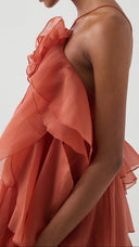 Isadora coral clay layered ruffle maxi dress, full-length front view