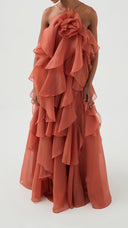 Isadora coral clay layered ruffle maxi dress showing tiered ruffle detail