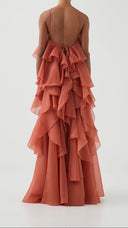 Isadora coral clay layered ruffle maxi dress, styled full-length look