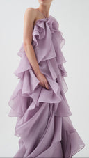 Isadora lilac layered ruffle maxi dress showing tiered ruffle detail