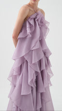 Isadora lilac layered ruffle maxi dress, angled view of skirt movement