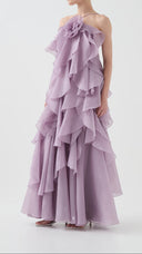 Isadora lilac layered ruffle maxi dress, detail of adjustable back ties