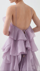 Isadora lilac layered ruffle maxi dress, rear full-length view