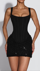 Lucienne black embellished tulle corset mini dress with square neckline