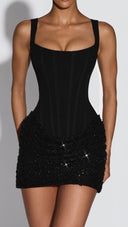 Lucienne black embellished corset mini dress, full-length front view