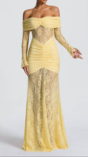 Marceline lemon lace maxi dress with sheer lace paneling