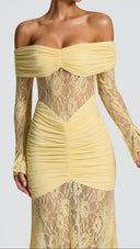 Marceline lemon lace maxi dress, body-hugging silhouette
