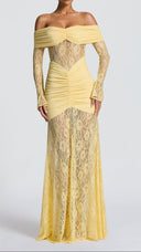 Marceline lemon lace maxi dress, sheer lace waist detail