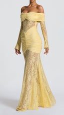 Marceline lemon lace maxi dress, fitted bodice detail