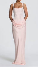 Odette blush pink pleated corset maxi dress with square neckline and dropped waist
