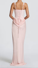 Odette blush pink pleated corset maxi dress, side view showing cowl overlay skirt