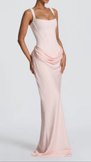 Odette blush pink pleated corset maxi dress, back view with lace-up corset detail