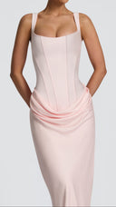 Odette blush pink pleated corset maxi dress, close-up of boned bodice and straps
