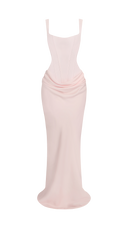Odette blush pink pleated corset maxi dress showing deep skirt pleats