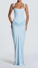 Odette baby blue pleated corset maxi dress with square neckline and dropped waist