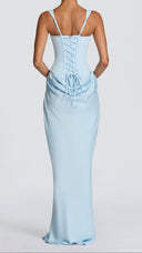 Odette baby blue pleated corset maxi dress, side view showing cowl overlay skirt
