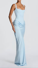 Odette baby blue pleated corset maxi dress, back view with lace-up corset detail