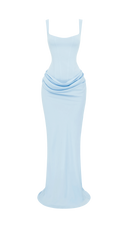 Odette baby blue pleated corset maxi dress, styled full-length look