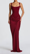 Odette burgundy pleated corset maxi dress with square neckline and dropped waist