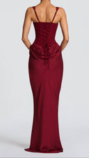 Odette burgundy pleated corset maxi dress, back view with lace-up corset detail