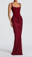Odette burgundy pleated corset maxi dress, close-up of boned bodice and straps