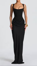 Odette black pleated corset maxi dress with square neckline and dropped waist