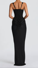 Odette black pleated corset maxi dress, side view showing cowl overlay skirt