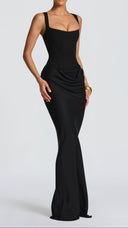 Odette black pleated corset maxi dress, back view with lace-up corset detail