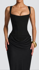 Odette black pleated corset maxi dress, close-up of boned bodice and straps