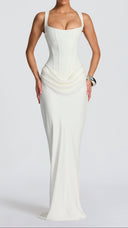 Odette ivory pleated corset maxi dress with square neckline and dropped waist
