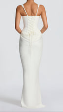 Odette ivory pleated corset maxi dress, back view with lace-up corset detail