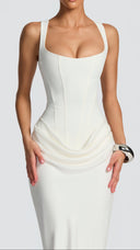 Odette ivory pleated corset maxi dress, close-up of boned bodice and straps