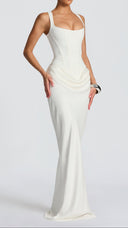 Odette ivory pleated corset maxi dress showing deep skirt pleats