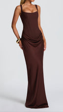 Odette plum brown pleated corset maxi dress, back view with lace-up corset detail