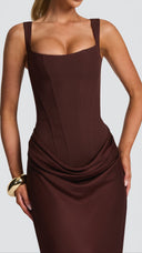 Odette plum brown pleated corset maxi dress, close-up of boned bodice and straps