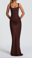 Odette plum brown pleated corset maxi dress, styled full-length look