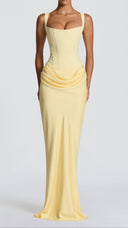 Odette lemon yellow pleated corset maxi dress with square neckline and dropped waist