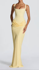 Odette lemon yellow pleated corset maxi dress, close-up of boned bodice and straps