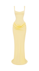 Odette lemon yellow pleated corset maxi dress showing deep skirt pleats