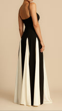 Sabine black and white panelled A-line maxi dress, side view showing skirt flare