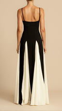 Sabine black and white panelled A-line maxi dress, angled view of skirt movement