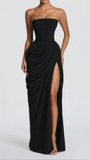 Giselle black strapless corset maxi dress with pleated chiffon bodice and thigh-high split