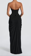 Giselle black strapless corset maxi dress, side view showing draped hip detail