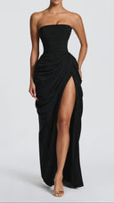 Giselle black strapless corset maxi dress, back view with lace-up corset detail