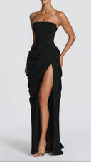 Giselle black strapless corset maxi dress, close-up of pleated bodice