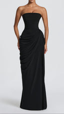 Giselle black strapless corset maxi dress, detail of asymmetric hip draping